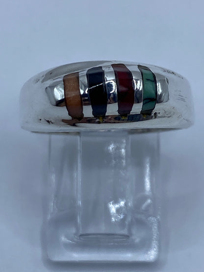 Anillo de plata 925 con turquesa azul cielo, coral rojo y ónix negro en vista superior