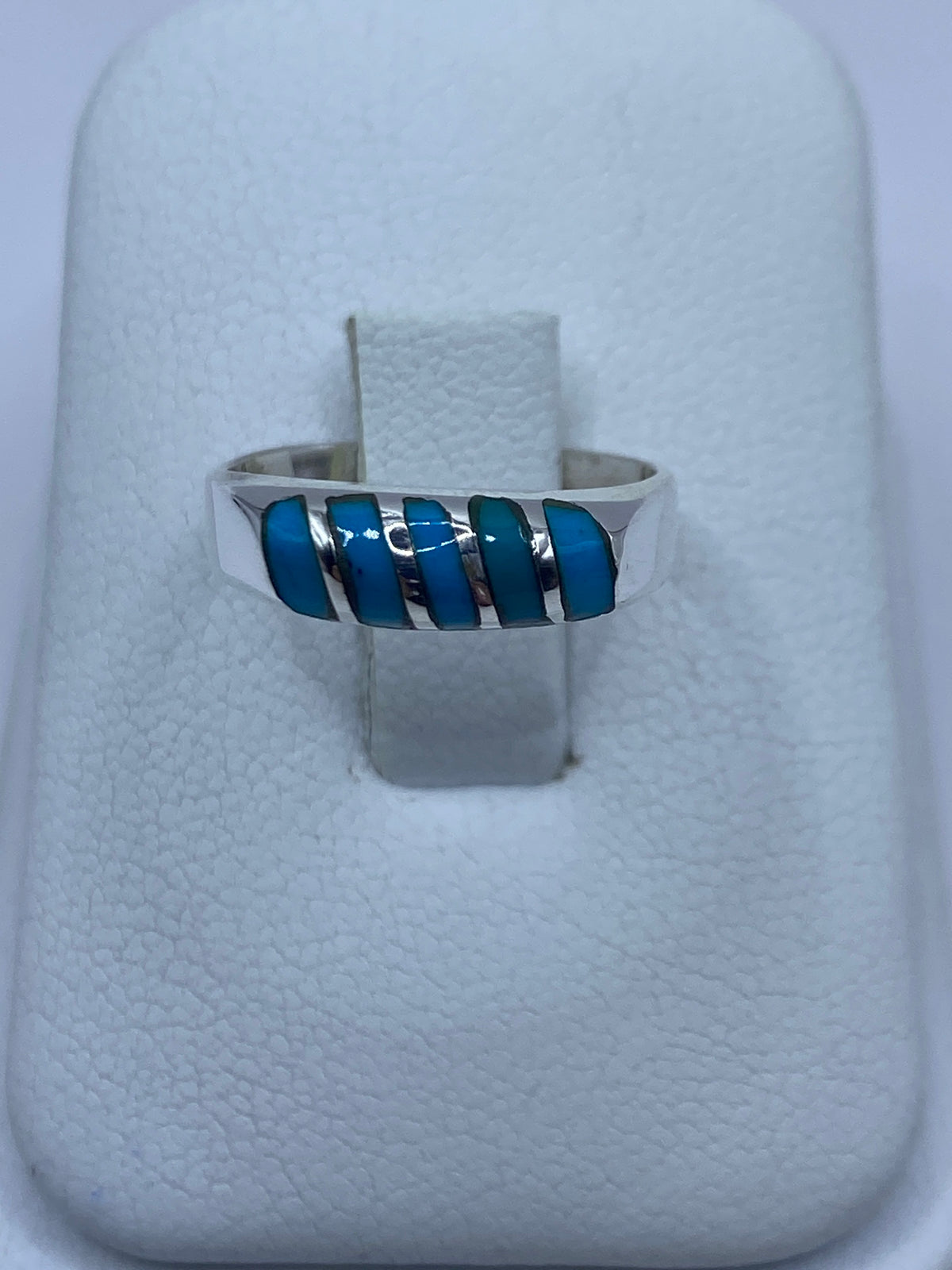Anillo de plata 925 con cinco bandas de turquesa azul engastadas a mano, talla 5