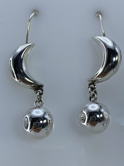 Aretes de plata 925 con esfera pulida y media luna colgante en par