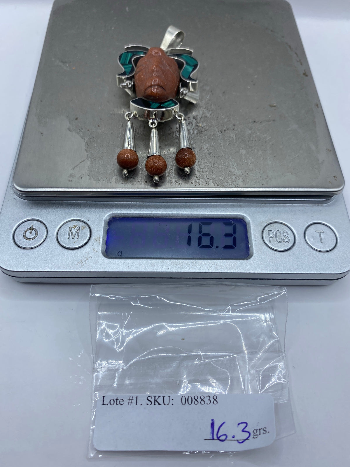 Dije Prehispánico K'inich Pakal de Plata Repujada — Malaquita y Ónix — foto 6
