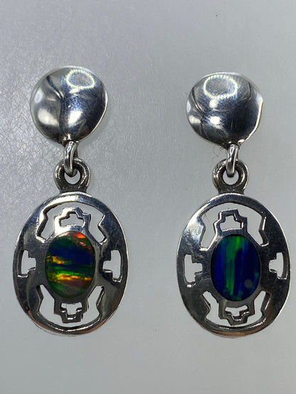 Par de aretes de plata 925 con ópalo de fuego multicolor, tonos naranja, amarillo, verde y azul