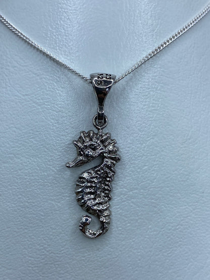 Dije de caballito de mar en plata 925, colgando de cadena plateada
