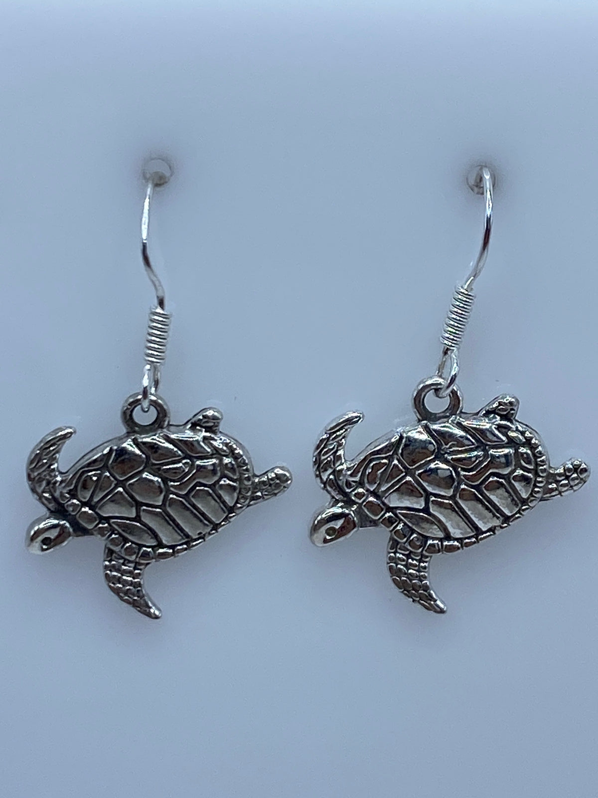 Aretes de tortuga marina sobre regla mostrando 2.6 cm de largo