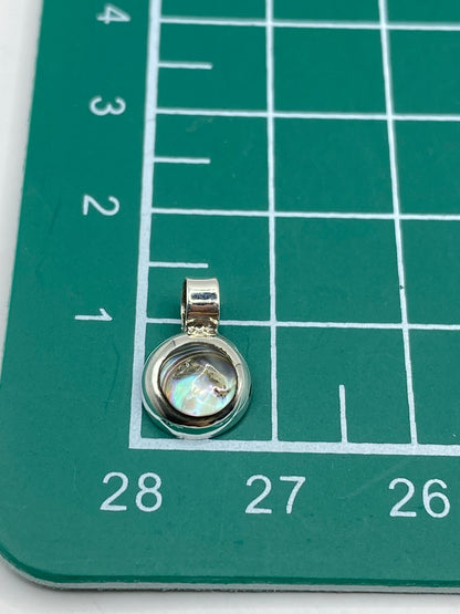 Dije de abulón junto a una regla para escala de tamaño — 1.2 cm