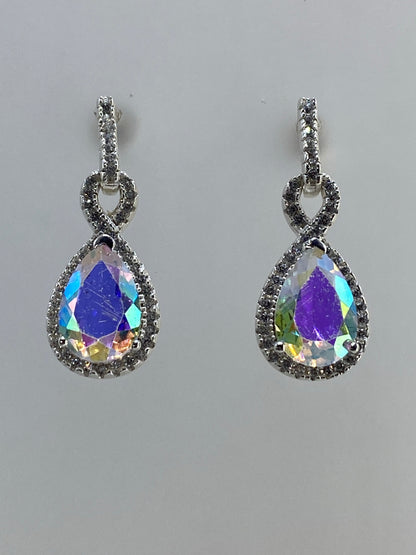 Par de aretes de plata con circonia multicolor y micro-circonia cristalina, diseño gota elegante