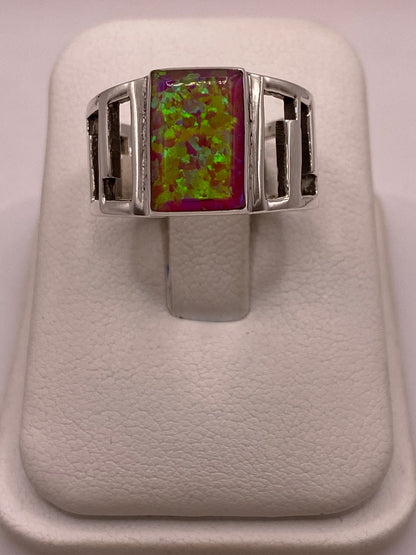 Anillo Ancho con Ópalo de Fuego Rosa, Amarillo y Verde en Plata .950, vista de detalle