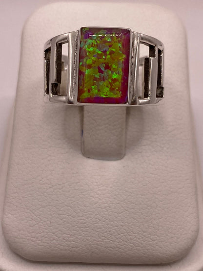 Anillo Ancho con Ópalo de Fuego Rosa, Amarillo y Verde en Plata .950, vista frontal