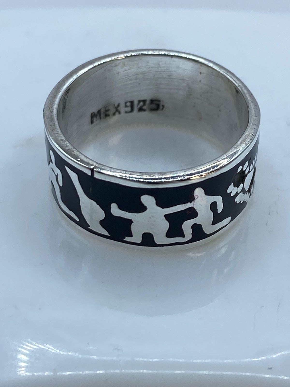 Anillo Arte Rupestre de Plata .925 con Obsidiana Negra, sello de autenticidad Plata Ley .925