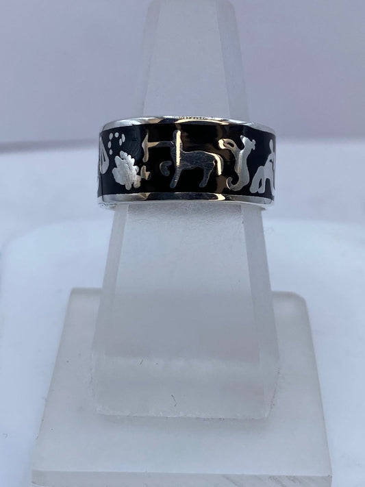 Anillo Arte Rupestre de Plata .925 con Obsidiana Negra