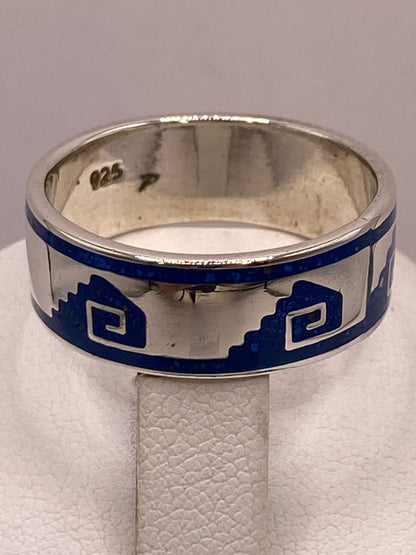Anillo Artesanal con Greca Azul Esmaltada en Plata, sello de autenticidad Plata Ley .925