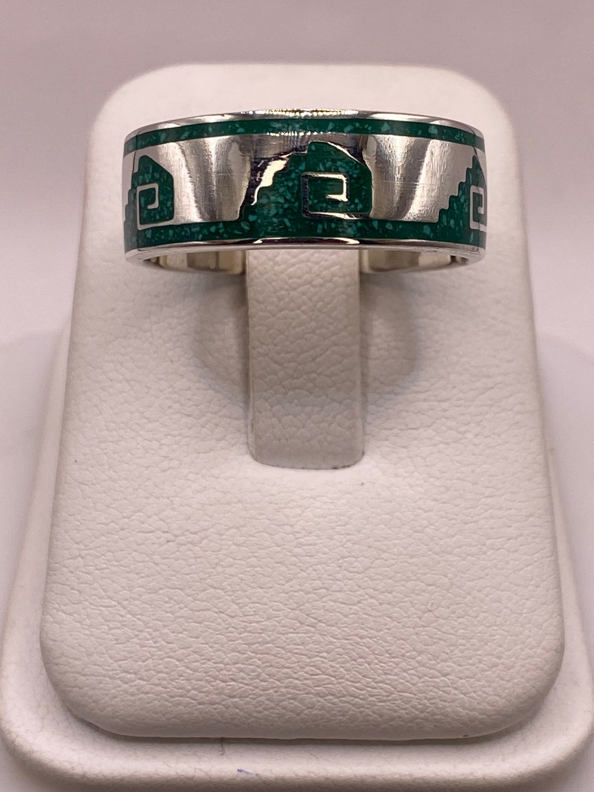 Anillo Artesanal de Malaquita con Greca Escalonada en Plata, sello de autenticidad Plata Ley .925