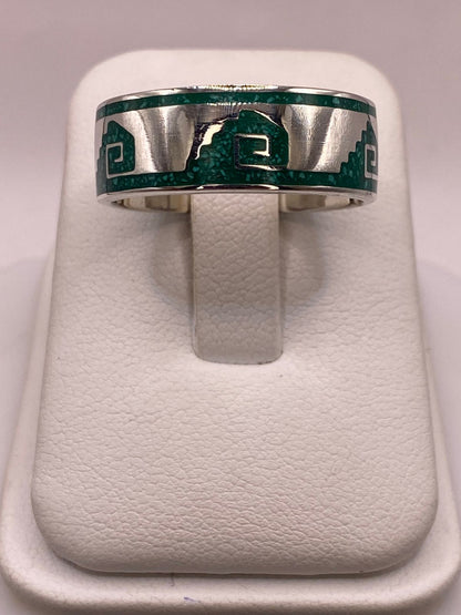 Anillo Artesanal de Malaquita con Greca Escalonada en Plata, sello de autenticidad Plata Ley .925