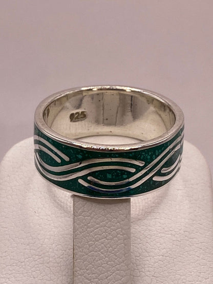 Anillo Artesanal de Malaquita con Greca Geométrica, sello de autenticidad Plata Ley .925