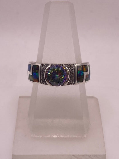 Anillo Artesanal de Plata Ley 950 con Ópalo de Fuego y Zirconia Mística Arcoíris, vista lateral