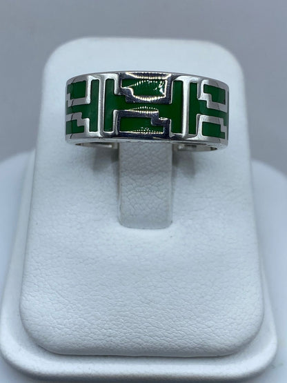 Anillo Artesanal de Plata .925 con Malaquita y Greca Geométrica, vista frontal