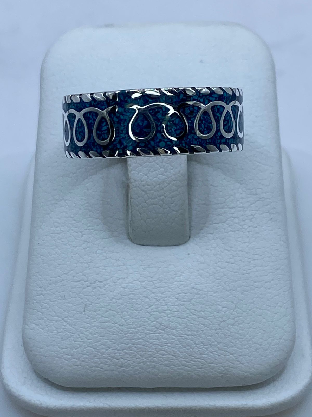 Anillo Banda Azul Trenzada en Plata .925 con Turquesa Natural, vista lateral