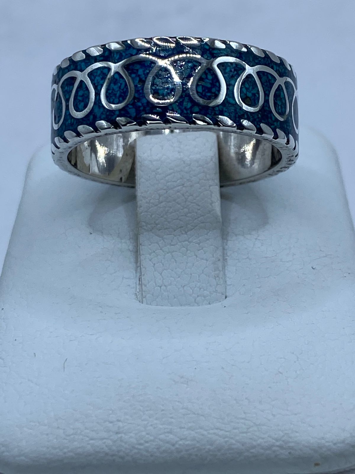 Anillo Banda Azul Trenzada en Plata .925 con Turquesa Natural, vista frontal