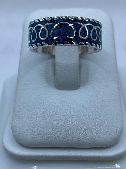 Anillo Banda Azul Trenzada en Plata .925 con Turquesa Natural — ángulo diagonal
