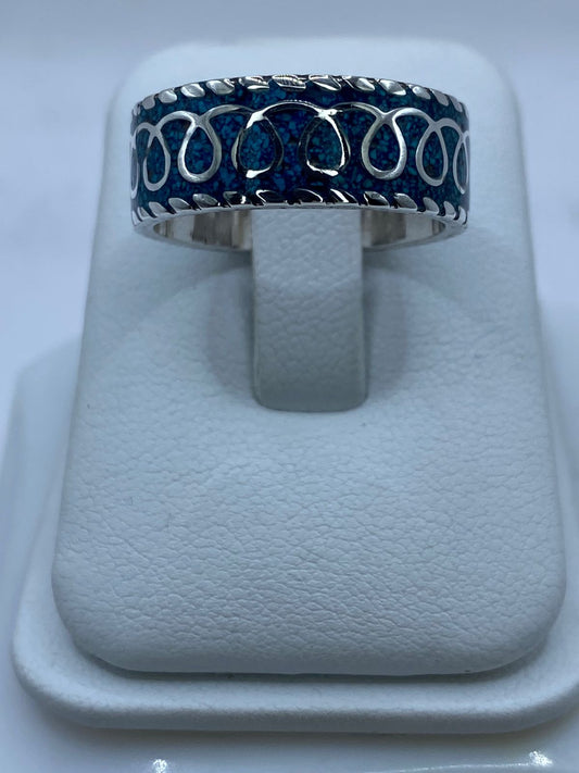 Anillo Banda Azul Trenzada en Plata .925 con Turquesa Natural — ángulo diagonal