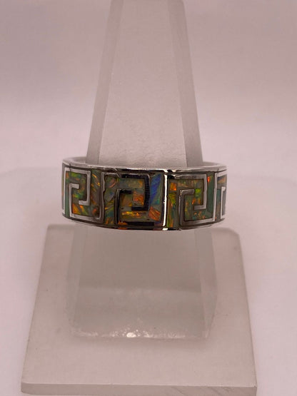 Anillo Banda Greca con Ópalo de Fuego Multicolor en Plata .950, vista lateral
