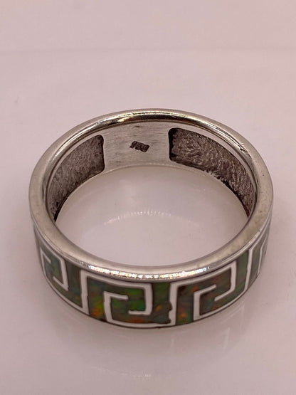 Anillo Banda Greca con Ópalo de Fuego Multicolor en Plata .950, sello de autenticidad Plata Ley .925