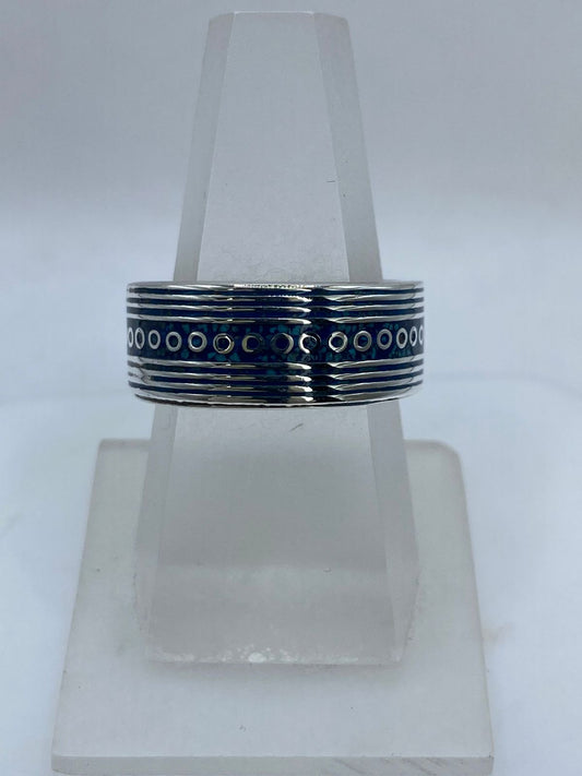 Anillo Banda Líneas y Círculos en Plata .925 con Turquesa Natural — vista lateral