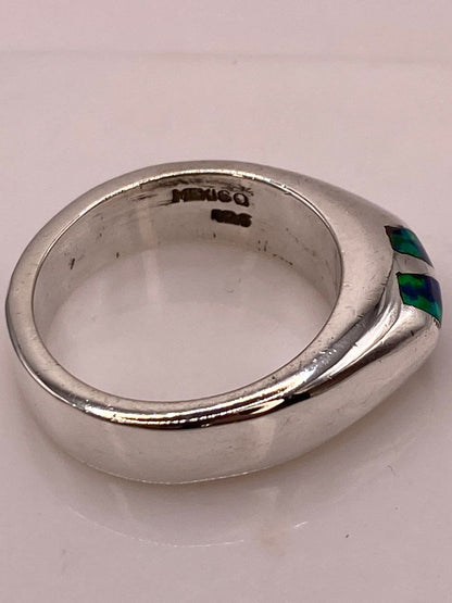 Anillo Banda en Plata Ley 925 con Ópalo de Fuego Azul-verde, sello de autenticidad Plata Ley .925