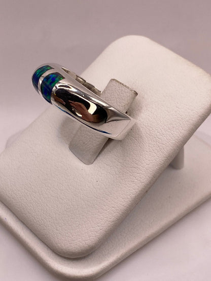 Anillo Banda en Plata Ley 925 con Ópalo de Fuego Azul-verde, vista lateral