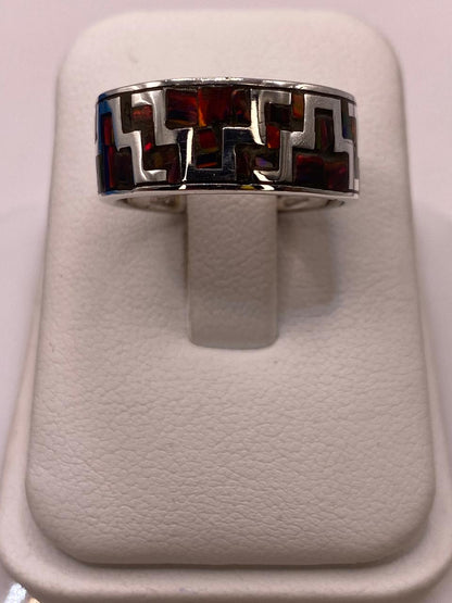 Anillo Banda en Plata Ley 950 con Ópalo de Fuego en Diseño Geométrico — ángulo diagonal