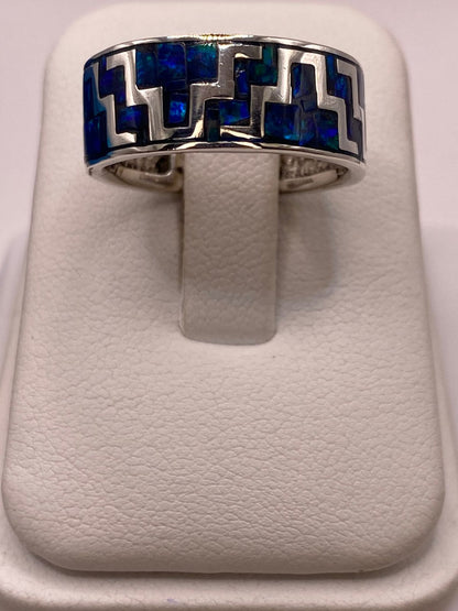 Anillo Banda con Incrustación Geométrica de Ópalo de Fuego Azul‑verde Plata Ley 950, vista de detalle