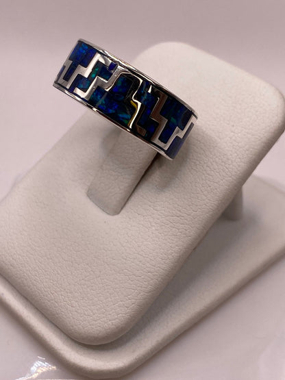 Anillo Banda con Incrustación Geométrica de Ópalo de Fuego Azul‑verde Plata Ley 950, vista frontal