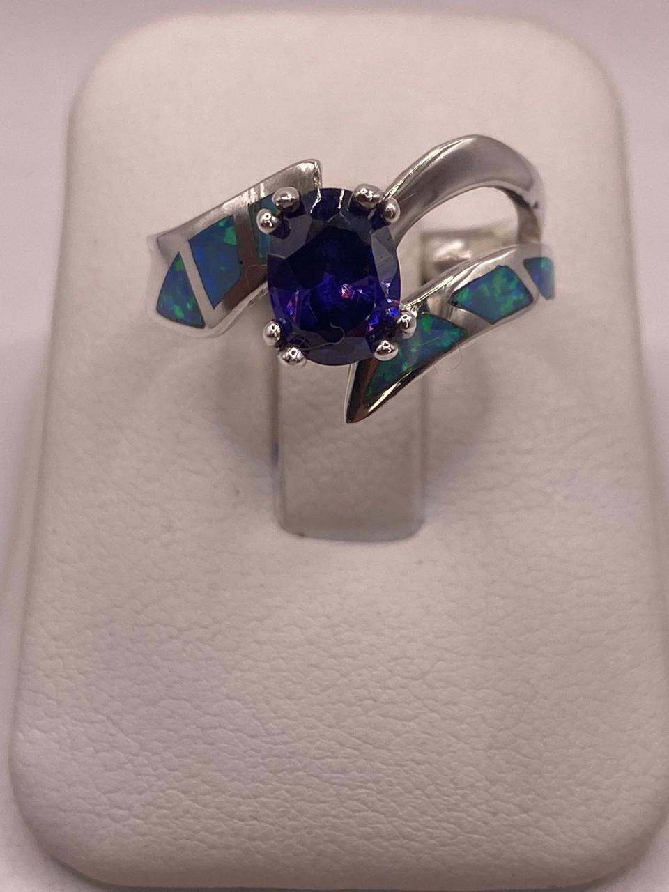 Anillo Contemporáneo Abierto con Ópalo de Fuego y Zirconia en Plata .950, vista frontal