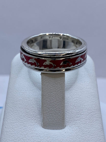 Anillo de Coral Rojo con Delfines en Plata .925, sello de autenticidad Plata Ley .925