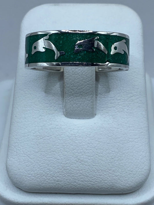 Anillo Delfines en Plata .925 con Malaquita Natural