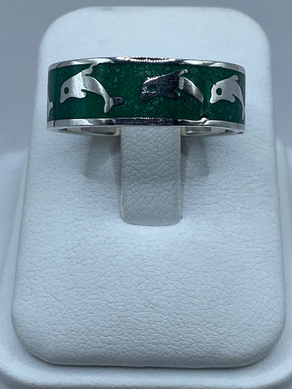 Anillo Delfines en Plata .925 con Malaquita Natural — vista lateral