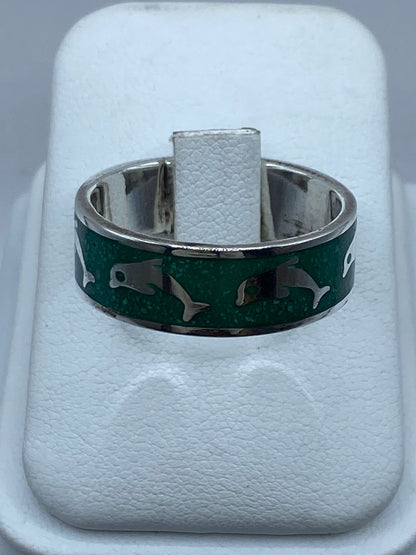Anillo Delfines en Plata .925 con Malaquita Natural, vista lateral