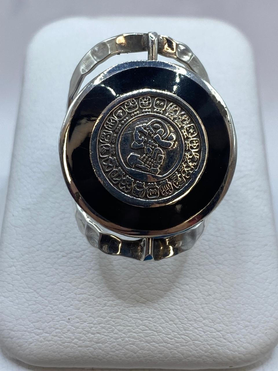 Anillo Doble Vista Calendario Azteca en Plata .925 Diseño Giratorio, sello de autenticidad Plata Ley .925