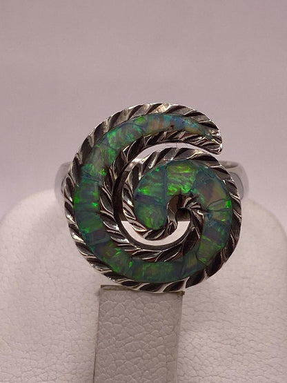 Anillo en Espiral con Ópalo de Fuego Tornasol en Plata .950, vista superior