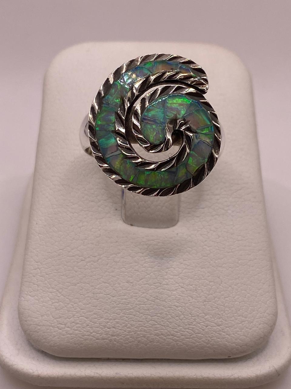 Anillo en Espiral con Ópalo de Fuego Tornasol en Plata .950, vista frontal