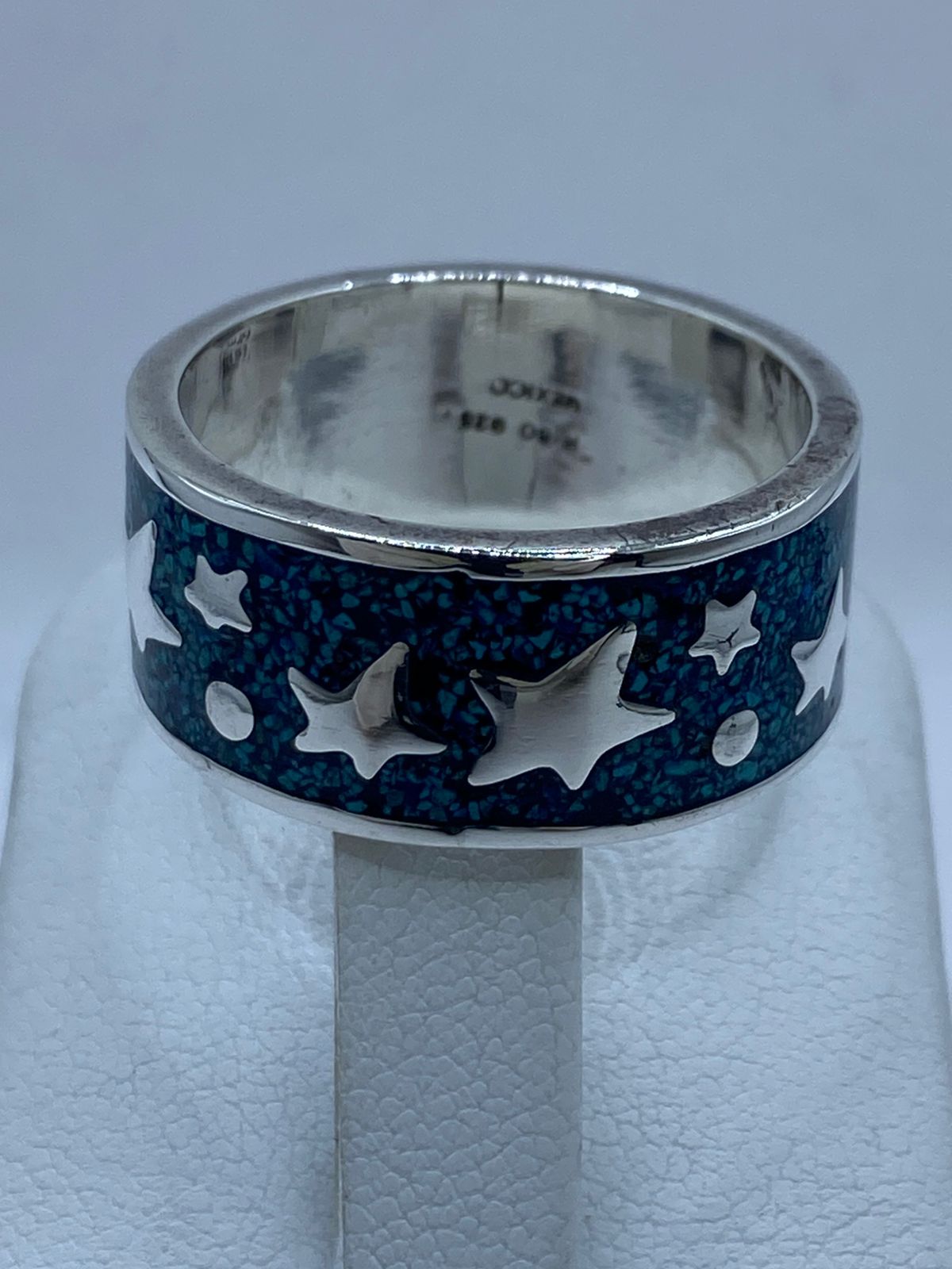 Anillo Estrellas y Luna en Plata .925 con Turquesa Natural, sello de autenticidad Plata Ley .925
