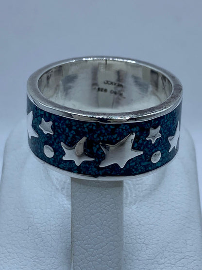 Anillo Estrellas y Luna en Plata .925 con Turquesa Natural, sello de autenticidad Plata Ley .925