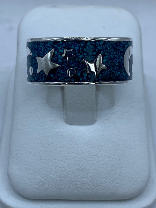 Anillo Estrellas y Luna en Plata .925 con Turquesa Natural, vista frontal