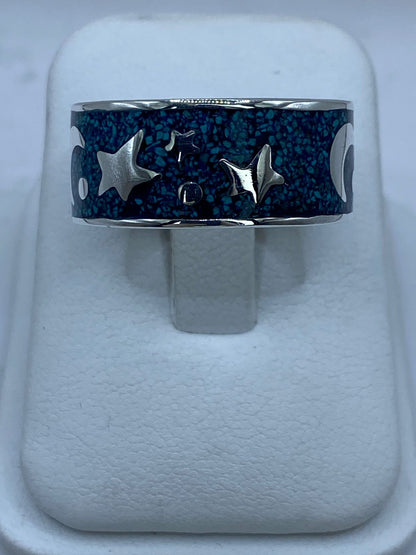 Anillo Estrellas y Luna en Plata .925 con Turquesa Natural, vista frontal
