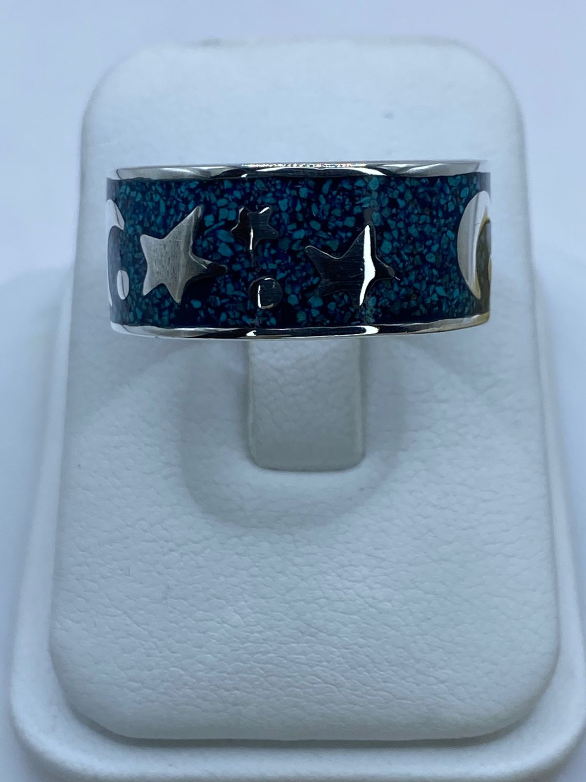 Anillo Estrellas y Luna en Plata .925 con Turquesa Natural, vista lateral