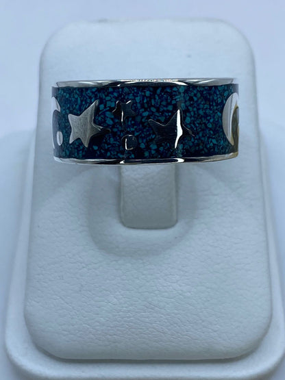 Anillo Estrellas y Luna en Plata .925 con Turquesa Natural, vista lateral