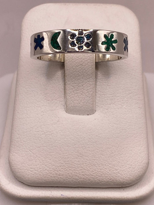 Anillo Floral y Lunar de Plata .925 con Incrustaciones