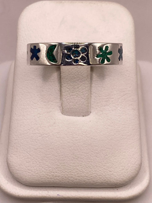 Anillo Floral y Lunar de Plata .925 con Incrustaciones, vista frontal
