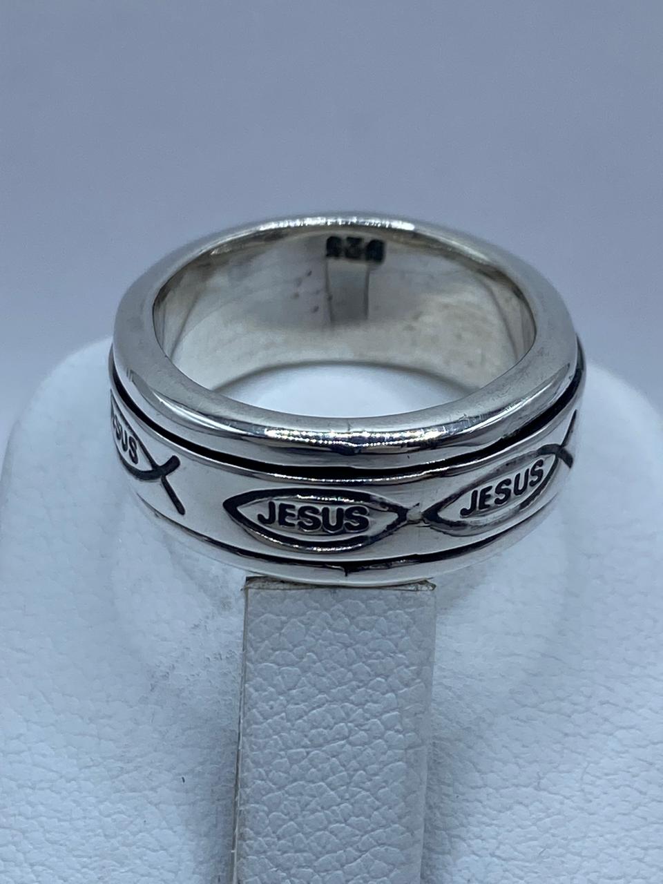 Anillo Giratorio de Plata 925 con Diseño Cristiano “Jesus” e Ichthys, sello de autenticidad Plata Ley .925