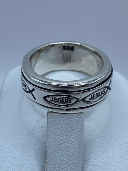 Anillo Giratorio de Plata 925 con Diseño Cristiano “jesus” e Ichthys, sello de autenticidad Plata Ley .925