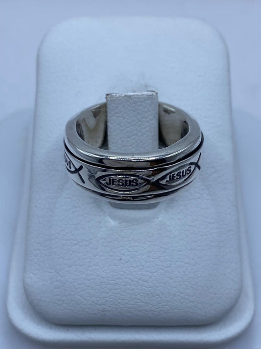 Anillo Giratorio de Plata 925 con Diseño Cristiano “jesus” e Ichthys — vista lateral